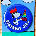 Retro Snoopy Birthday Girl Pin - Colourful Cartoon Party Badge