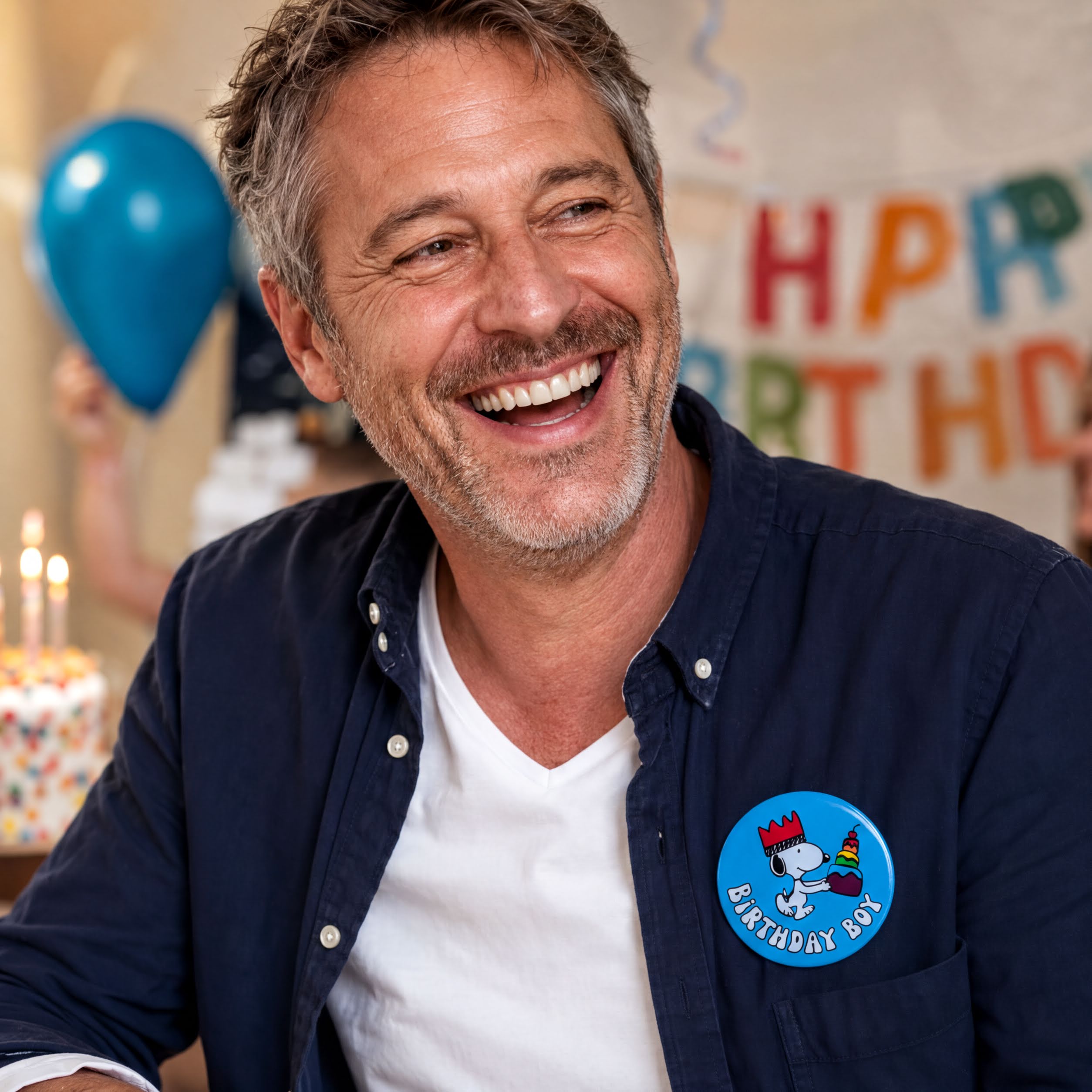 A smiling man wearing a blue jacket with a round badge that says "Birthday Boy" is shown in the image.