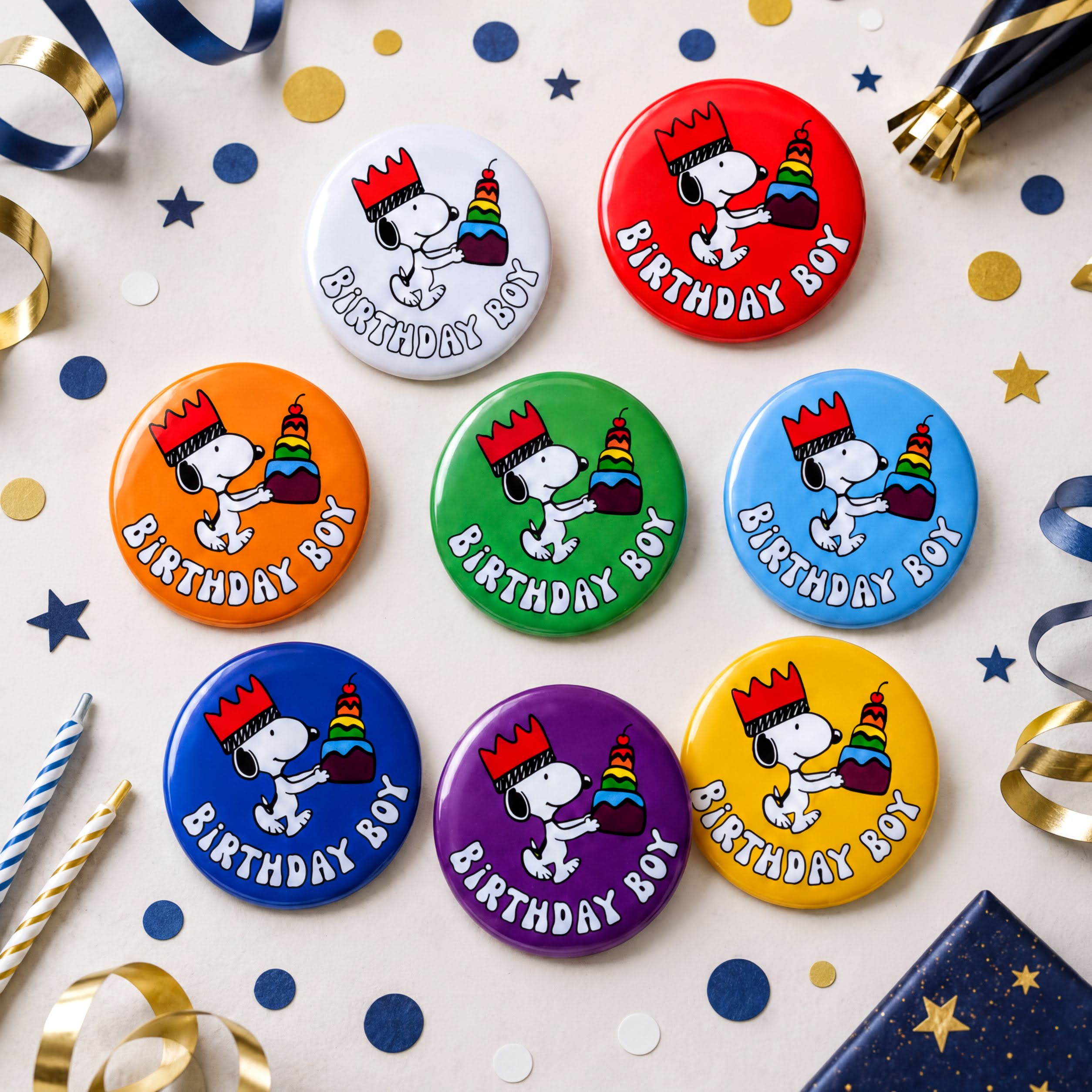 A collection of birthday-themed badges featuring the character Snoopy, surrounded by confetti and party decorations.