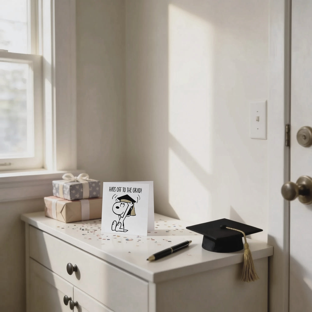 A graduation cap sits on a white dresser, with a graduation card featuring a cartoon character and the text "I HATE TO BE GRADUATE" displayed on the dresser.