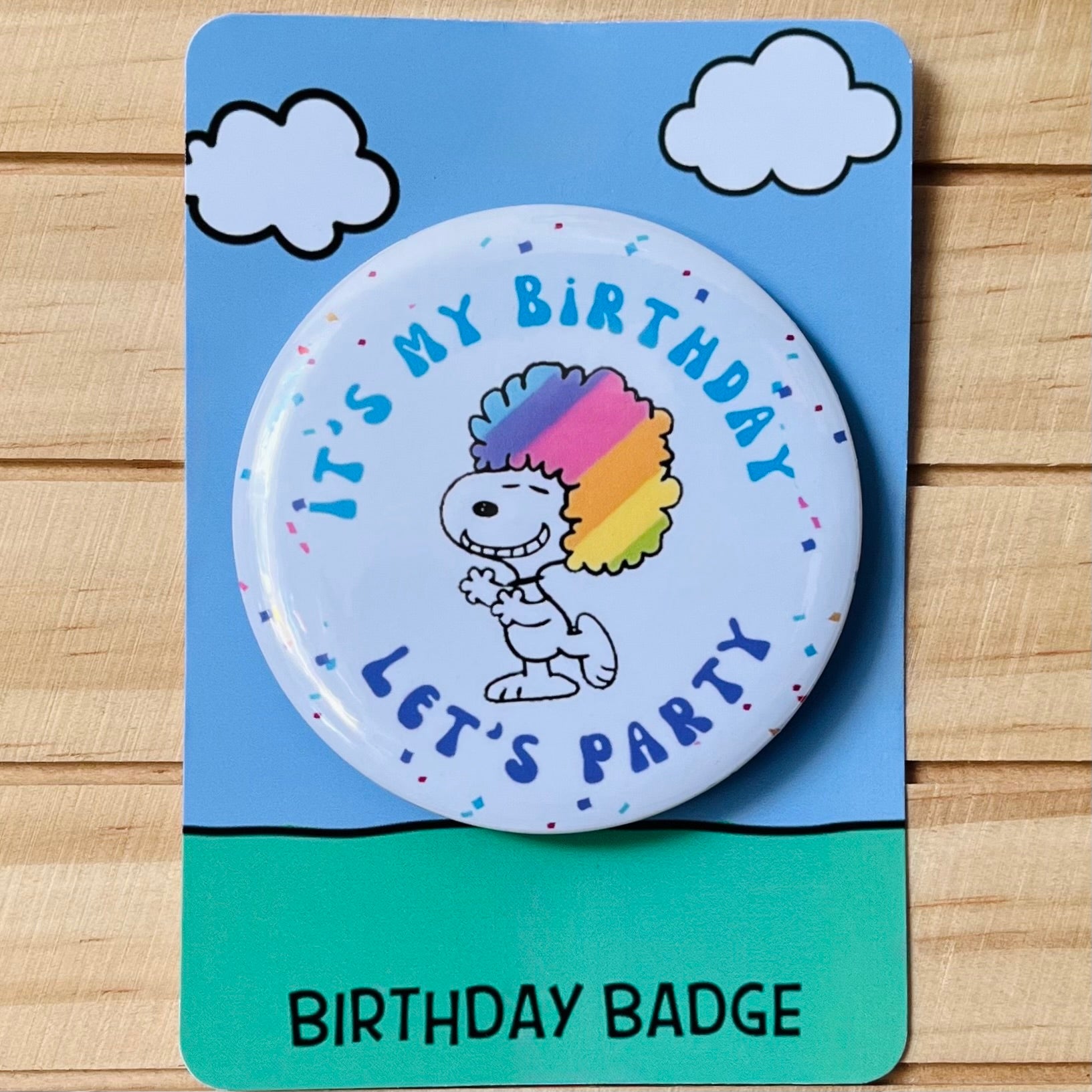 Snoopy Birthday Pin 5.8cm, "Let's Party" - Retro Peanuts Badge
