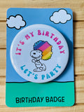 Snoopy Birthday Pin 5.8cm, "Let's Party" - Retro Peanuts Badge