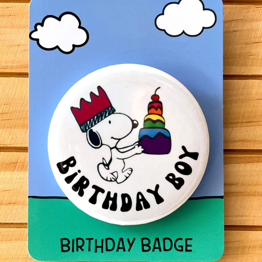 Retro Snoopy Birthday Boy Pin - Colourful Cartoon Party Badge