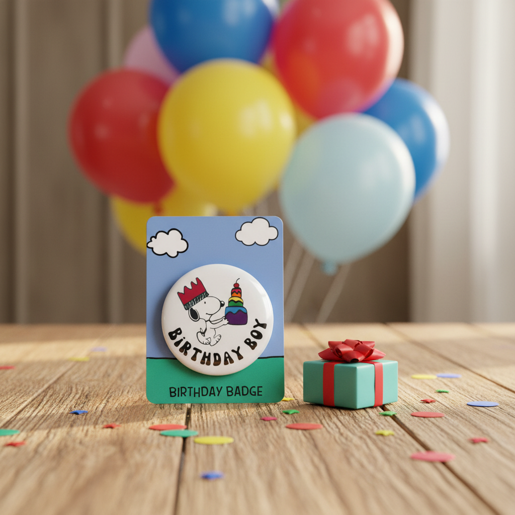 Snoopy Birthday Pin 5.8cm, "Birthday Boy" - Retro Peanuts Party Badge