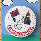 Retro Snoopy Birthday Girl Pin - Colourful Cartoon Party Badge