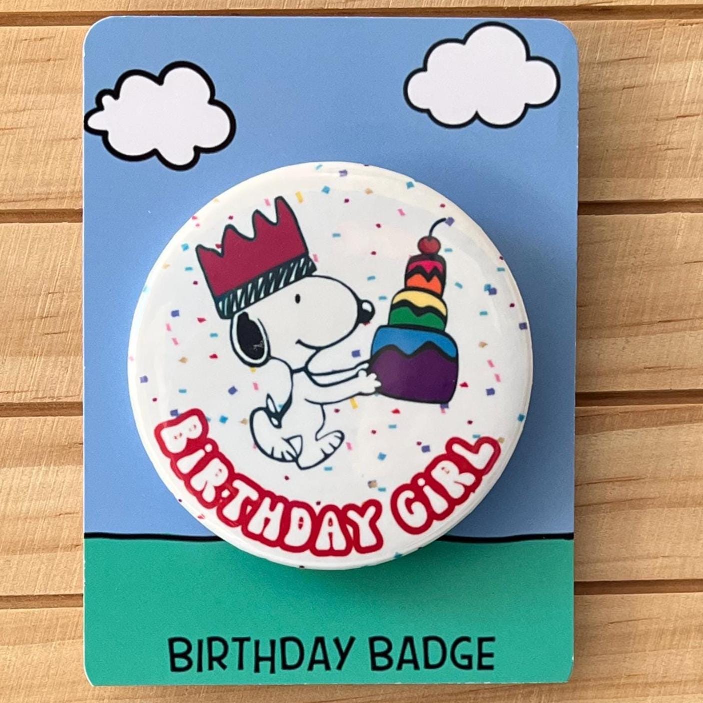 Retro Snoopy Birthday Girl Pin - Colourful Cartoon Party Badge