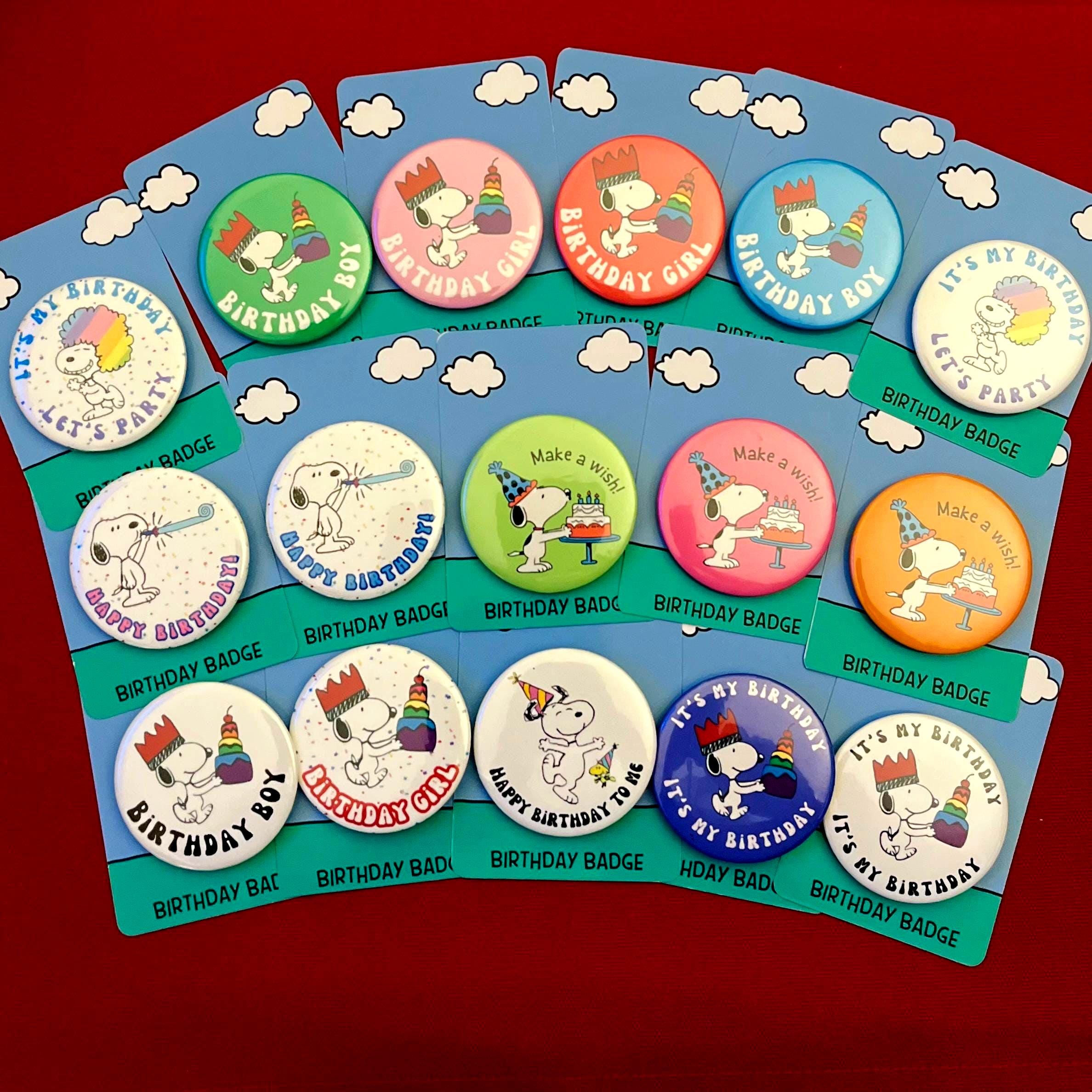 Retro Snoopy Happy Birthday Badge Pin - Colourful Cartoon Party Badge