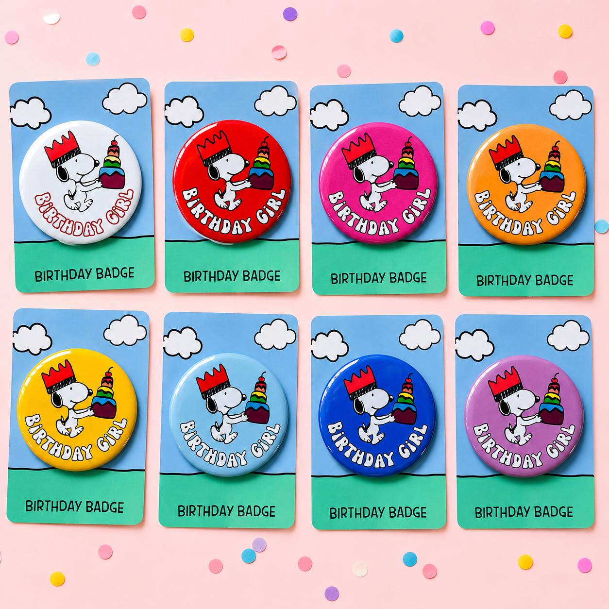 Retro Snoopy Birthday Girl Pin - Colourful Cartoon Party Badge