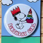 Retro Snoopy Birthday Girl Pin - Colourful Cartoon Party Badge