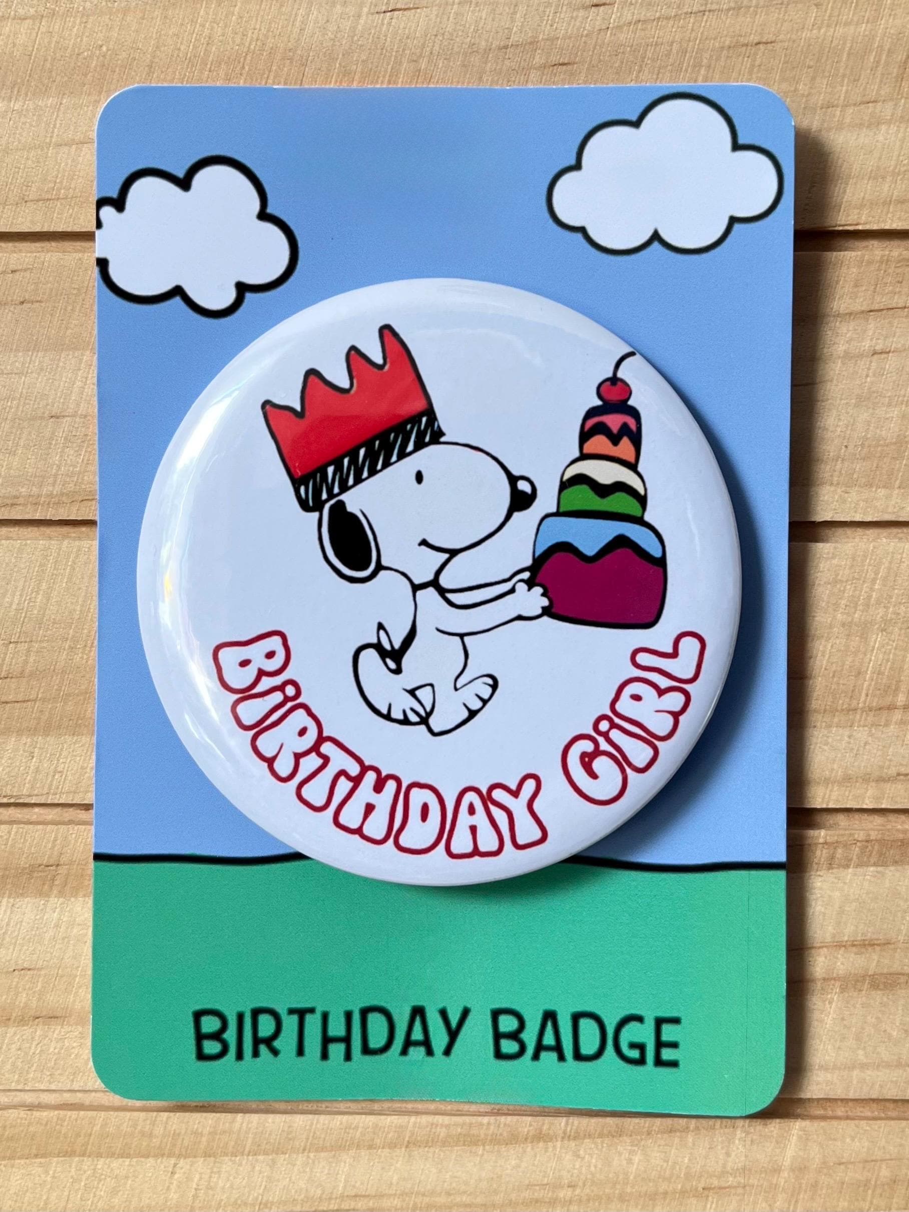 Retro Snoopy Birthday Girl Pin - Colourful Cartoon Party Badge