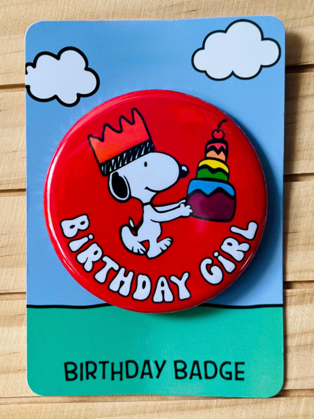 Retro Snoopy Birthday Girl Pin - Colourful Cartoon Party Badge