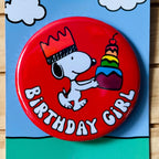 Retro Snoopy Birthday Girl Pin - Colourful Cartoon Party Badge
