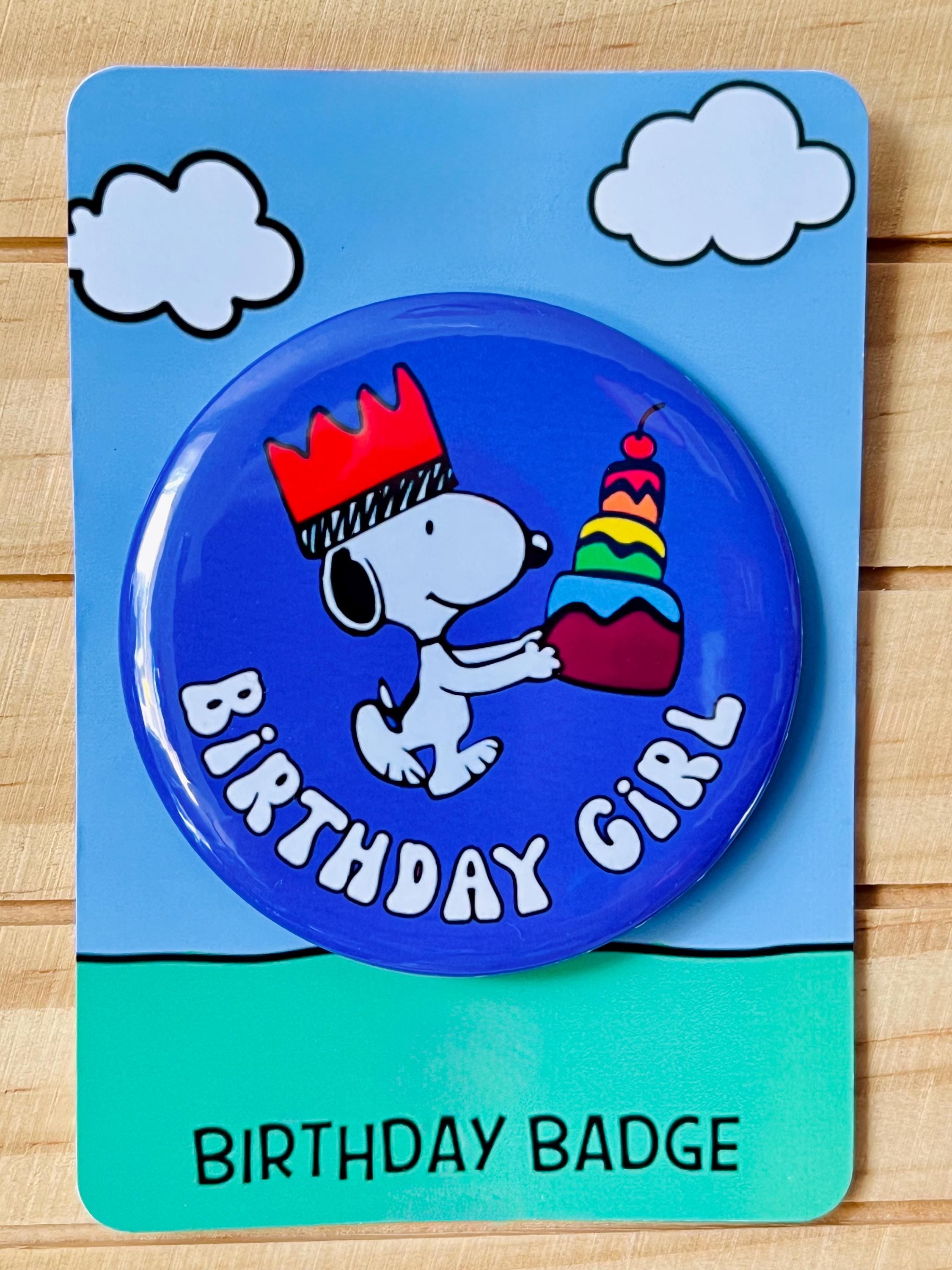 Retro Snoopy Birthday Girl Pin - Colourful Cartoon Party Badge
