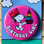 Retro Snoopy Birthday Girl Pin - Colourful Cartoon Party Badge