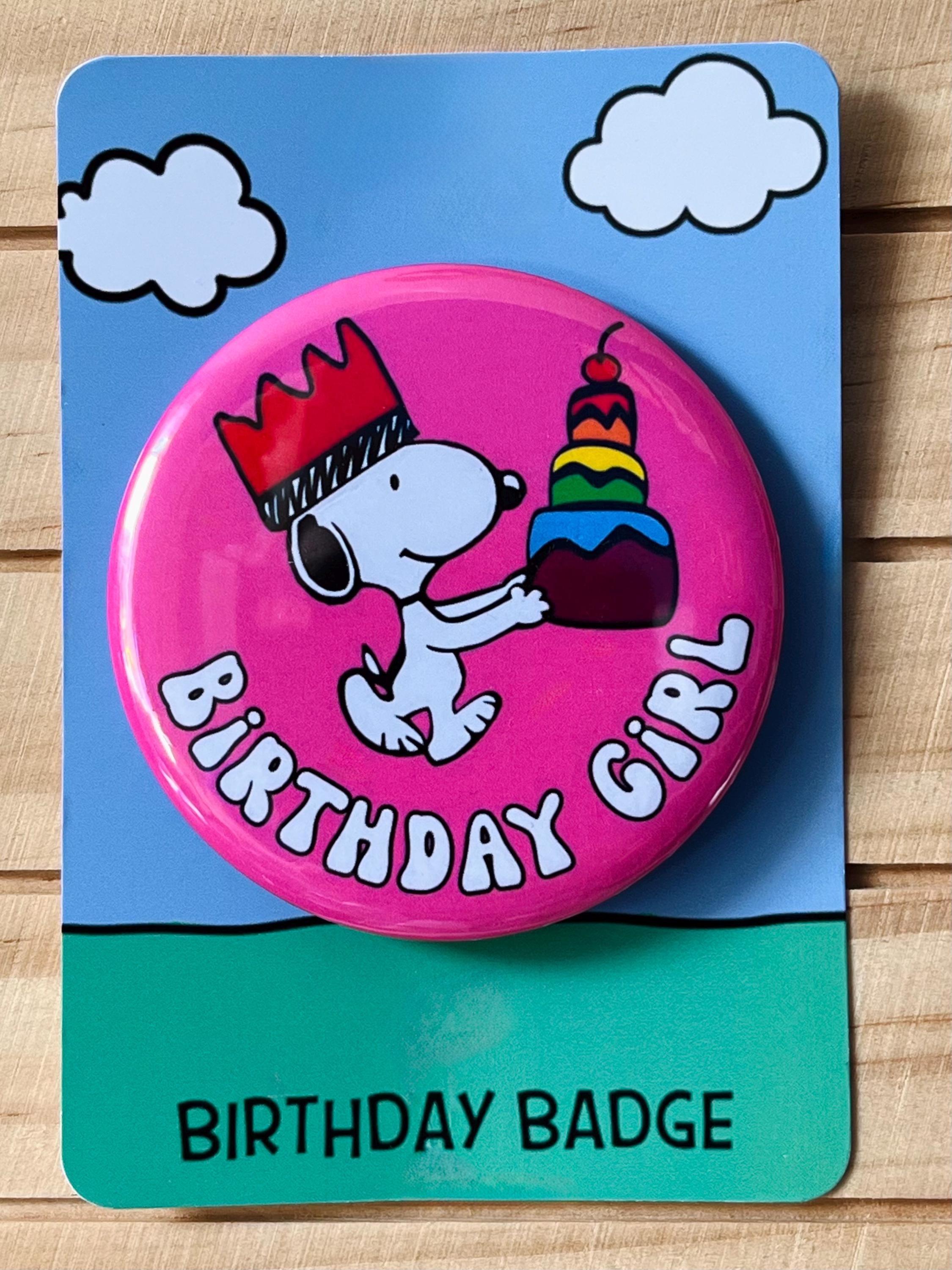 Retro Snoopy Birthday Girl Pin - Colourful Cartoon Party Badge