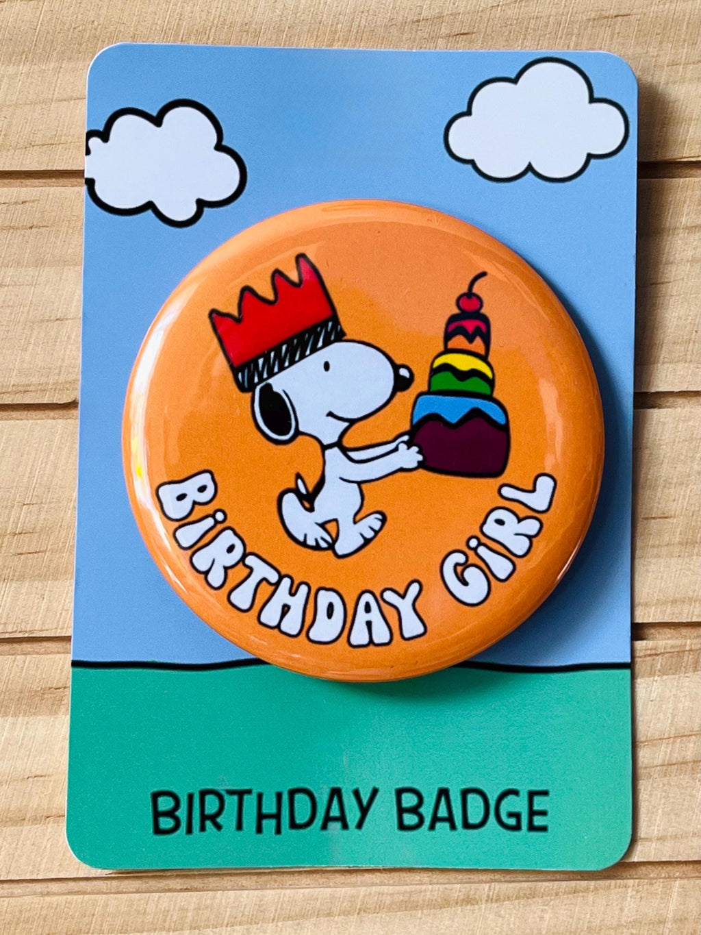 Retro Snoopy Birthday Girl Pin - Colourful Cartoon Party Badge