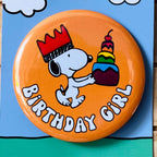 Retro Snoopy Birthday Girl Pin - Colourful Cartoon Party Badge
