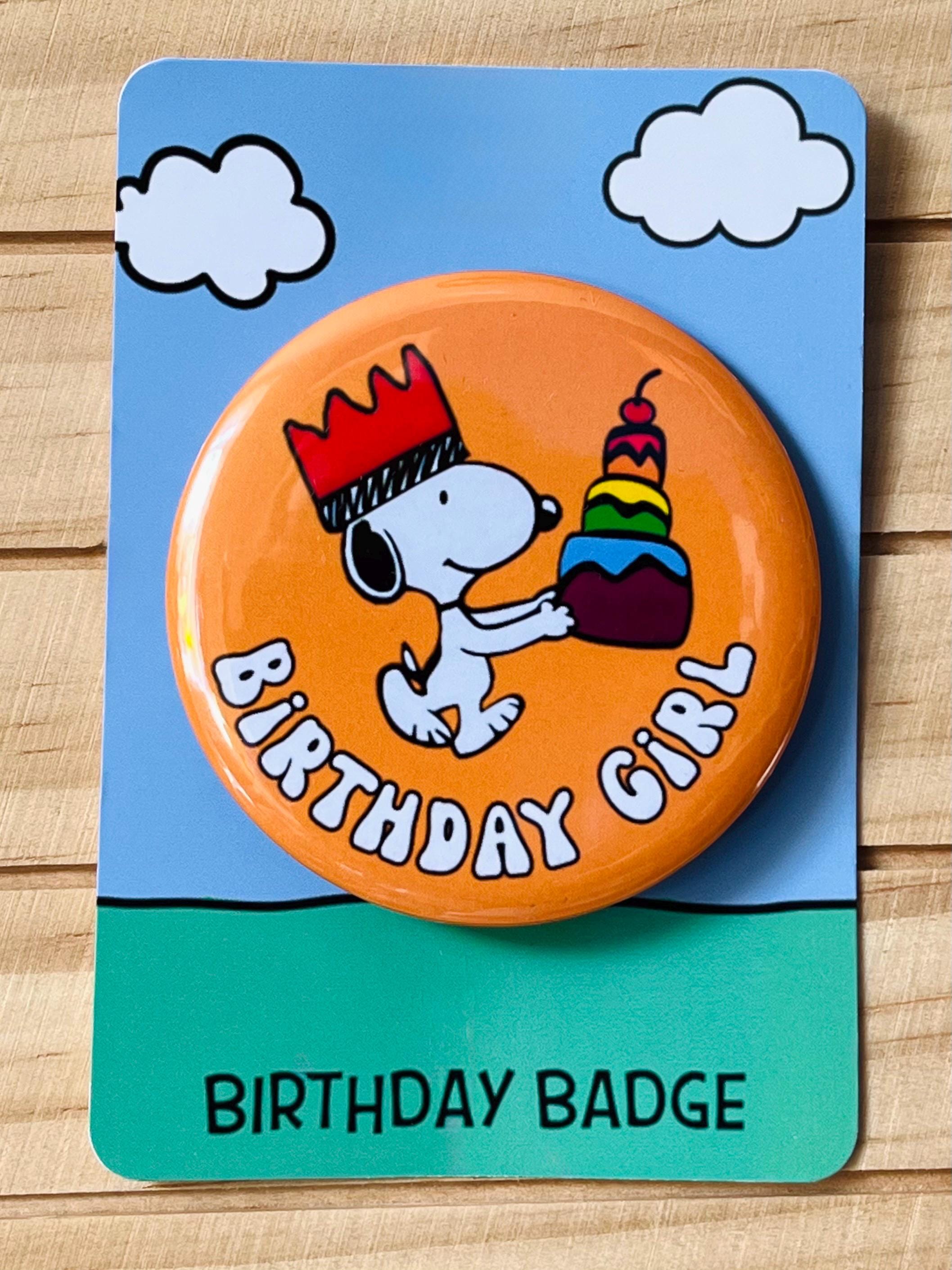 Retro Snoopy Birthday Girl Pin - Colourful Cartoon Party Badge