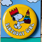 Retro Snoopy Birthday Girl Pin - Colourful Cartoon Party Badge