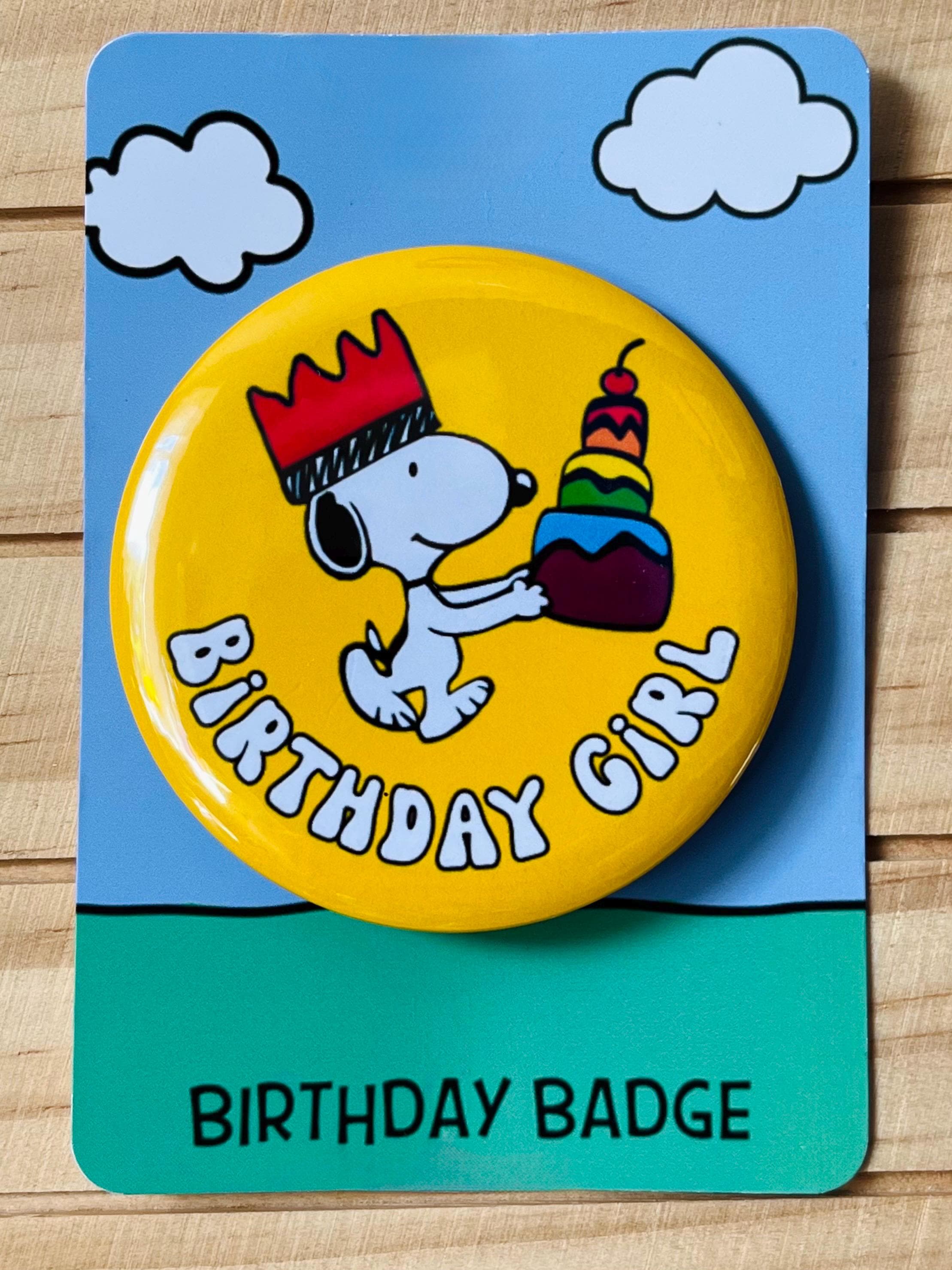 Retro Snoopy Birthday Girl Pin - Colourful Cartoon Party Badge