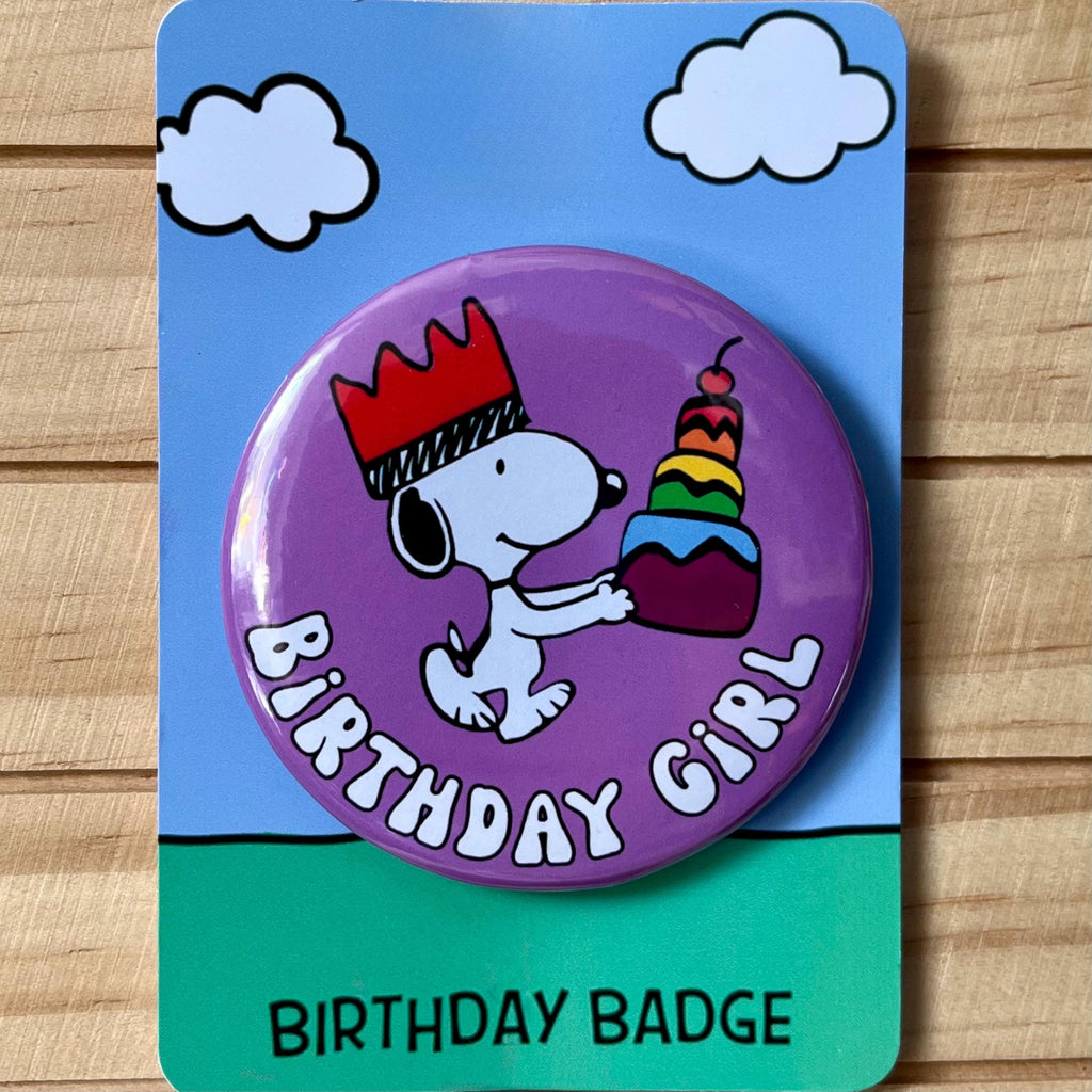 Retro Snoopy Birthday Girl Pin - Colourful Cartoon Party Badge