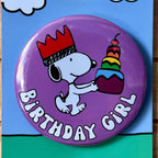 Retro Snoopy Birthday Girl Pin - Colourful Cartoon Party Badge