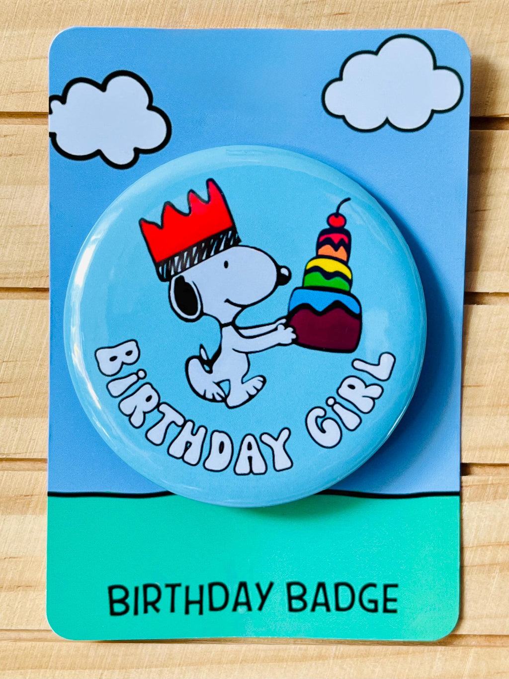 Retro Snoopy Birthday Girl Pin - Colourful Cartoon Party Badge