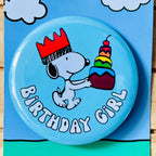 Retro Snoopy Birthday Girl Pin - Colourful Cartoon Party Badge