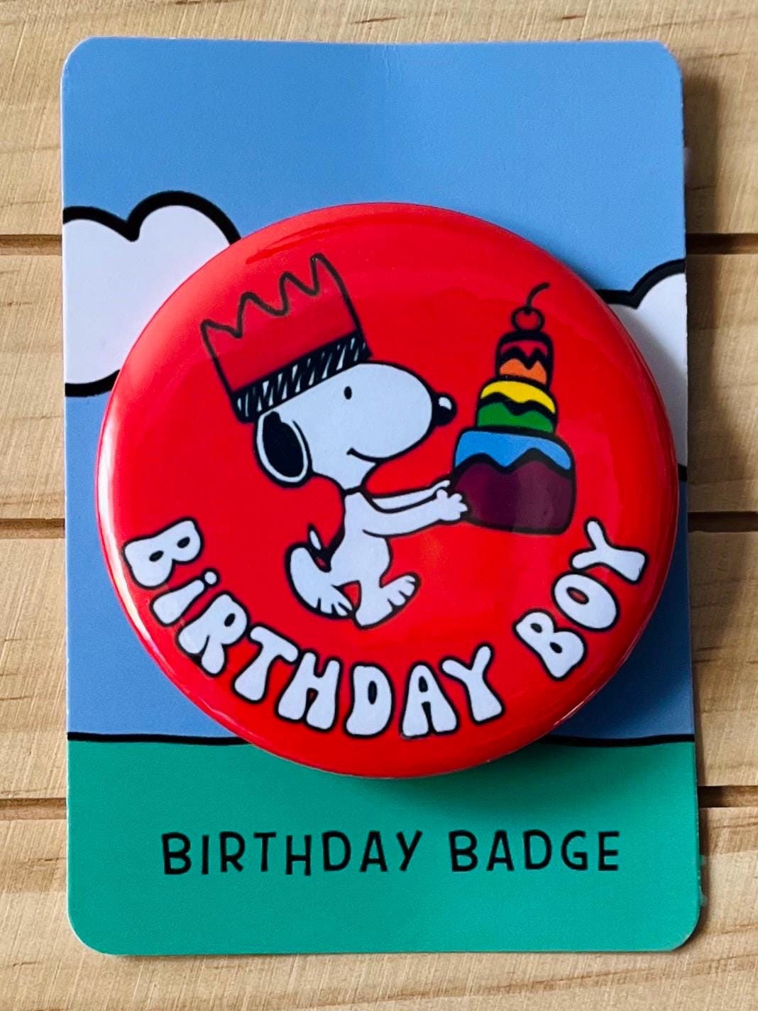 Retro Snoopy Birthday Boy Pin - Colourful Cartoon Party Badge