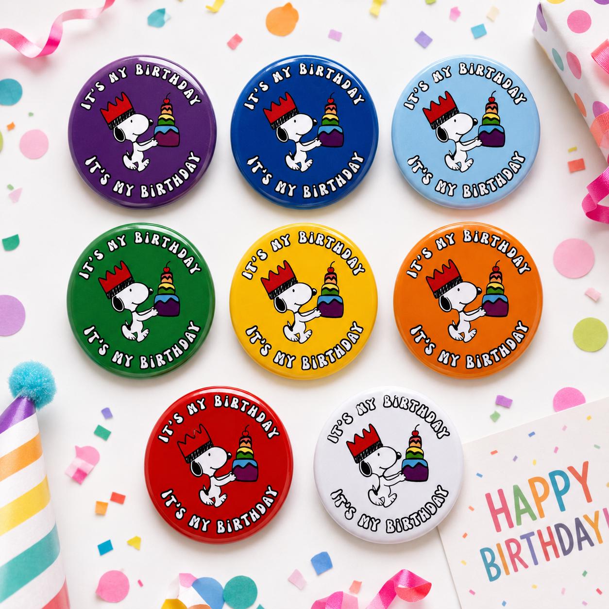 Retro Snoopy It’s my Birthday Pin - Colourful Cartoon Party Badge